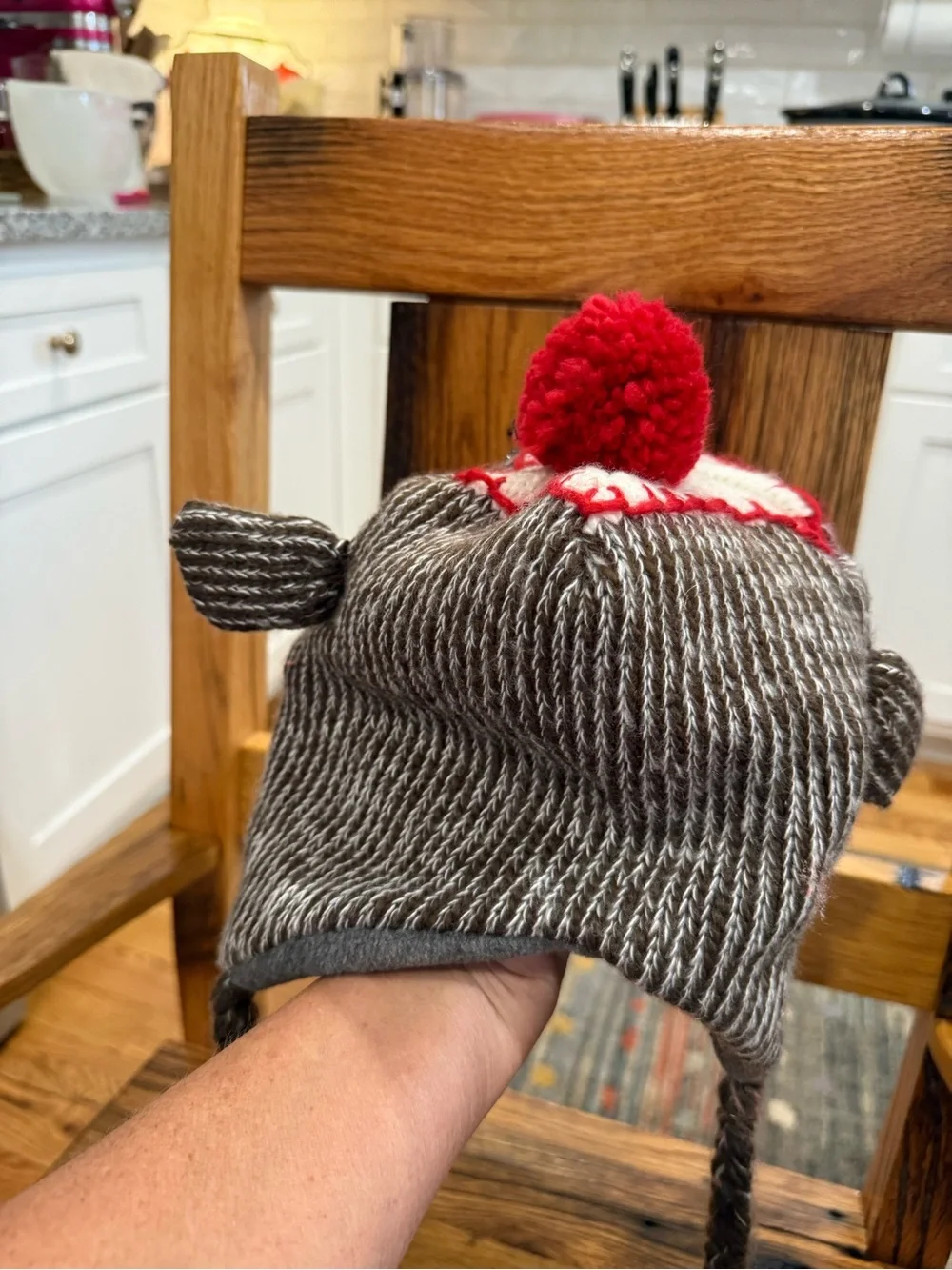 Knit Monkey Pom-Pom Earflap Hat - Brown & Red